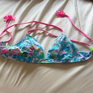 Lilly Pulitzer Blue Multi Triangle Bikini Top with Bright Pink Ties